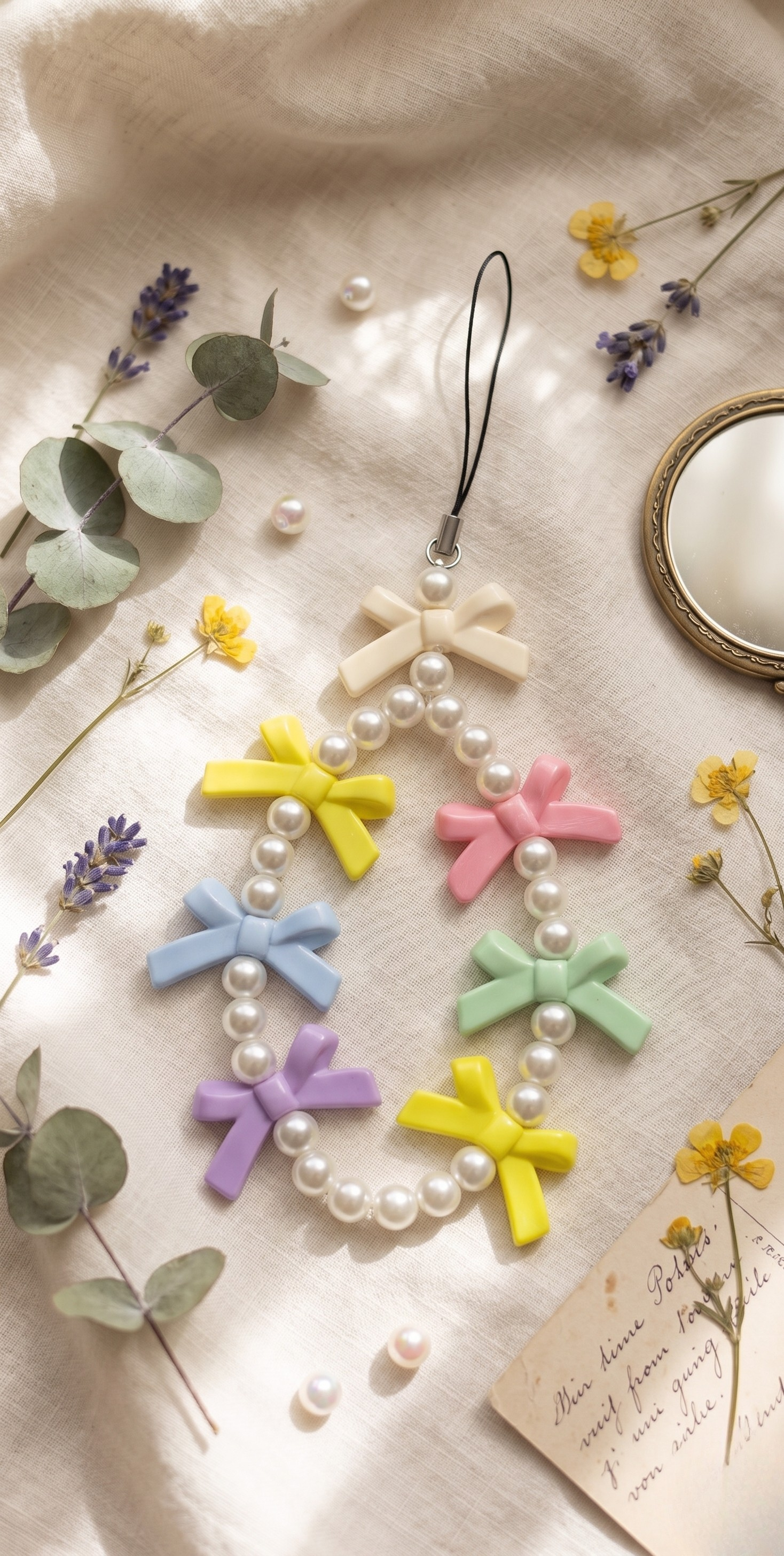 A faux pearl phone charm decorated with multiple pastel-colored bows in cream, yellow, pink, green, blue, and purple, resting on linen with dried flowers.